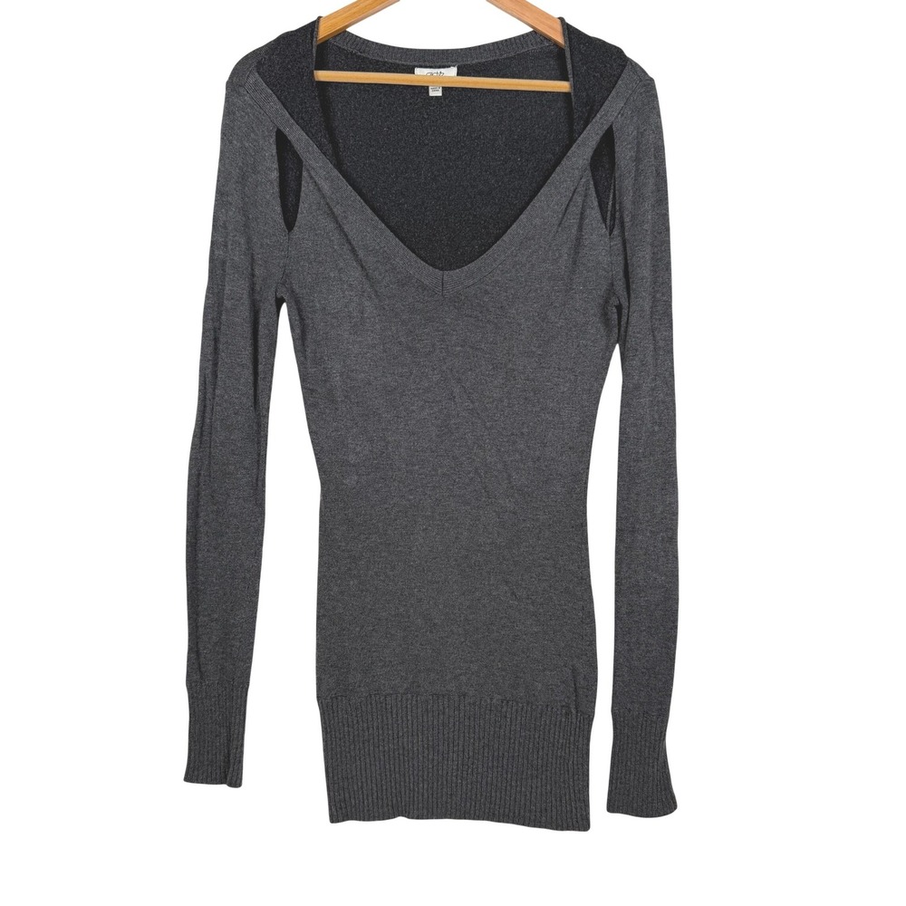 Cache‎ Sweater Dress Womens XS Grey V-Neck Shoulder Cut Out Long Sleeve Knit